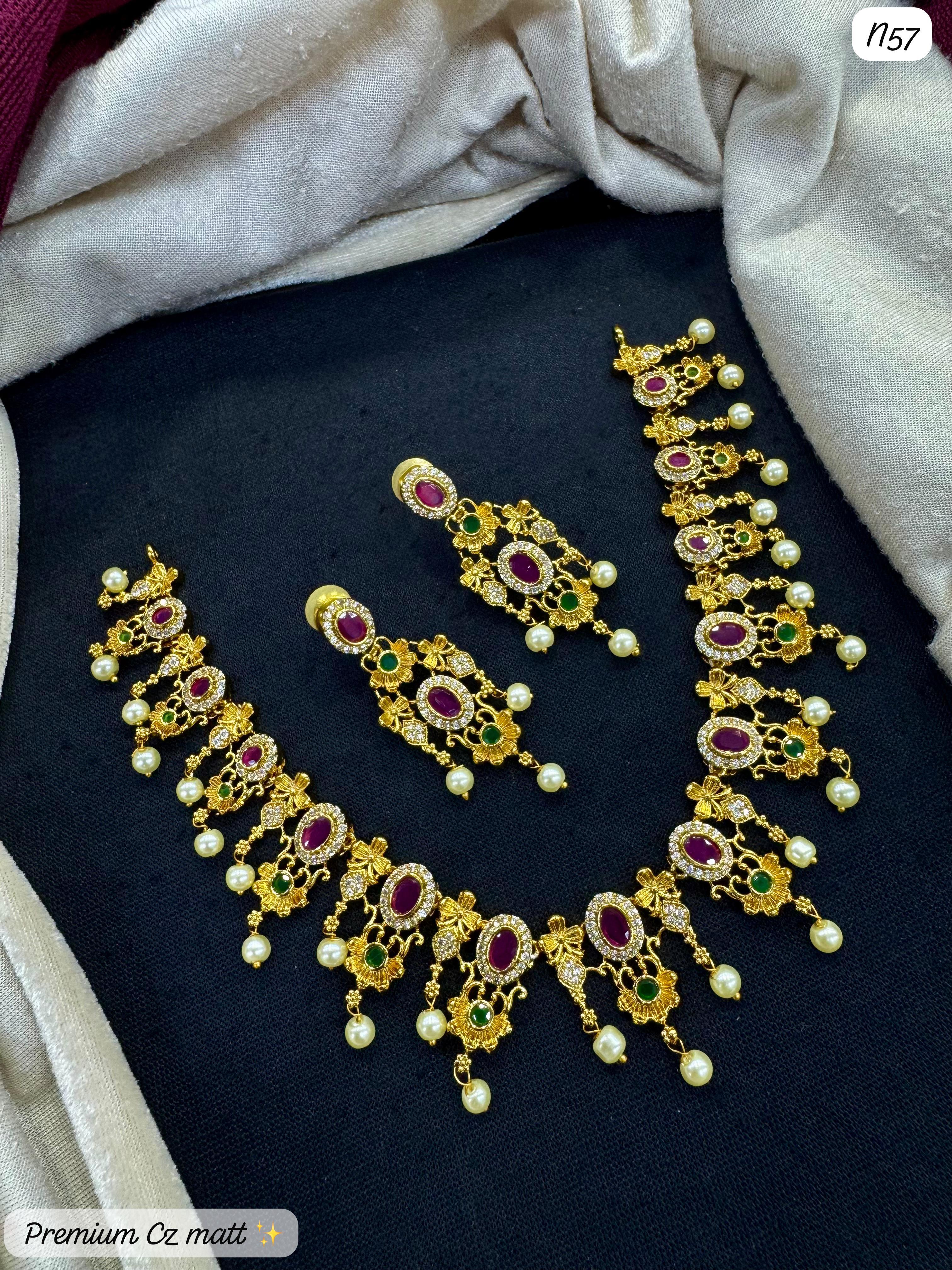 Handcrafted AD Matte Gold Jewelry Set with Pearls | Perfect for Special Occasions